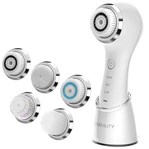 COSBEAUTY Face Scrubber Exfoliator Sonic Facial Cleansing Brush with 5 Interchangeable Brush Head,Face Brush Cleanser for Men IPX7 Waterproof,Wireless Rechargeable for Massaging,Deep Cleansing(White)