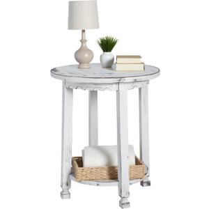 Rustic Cottage Round End Table w/ 1 Shelf, White Antique, 20" x 20" x 24", Farmhouse Style - Unique Accent Piece, Constructed of Select Hardwoods/Composite Wood, End Table w/ Drawer & Shelf