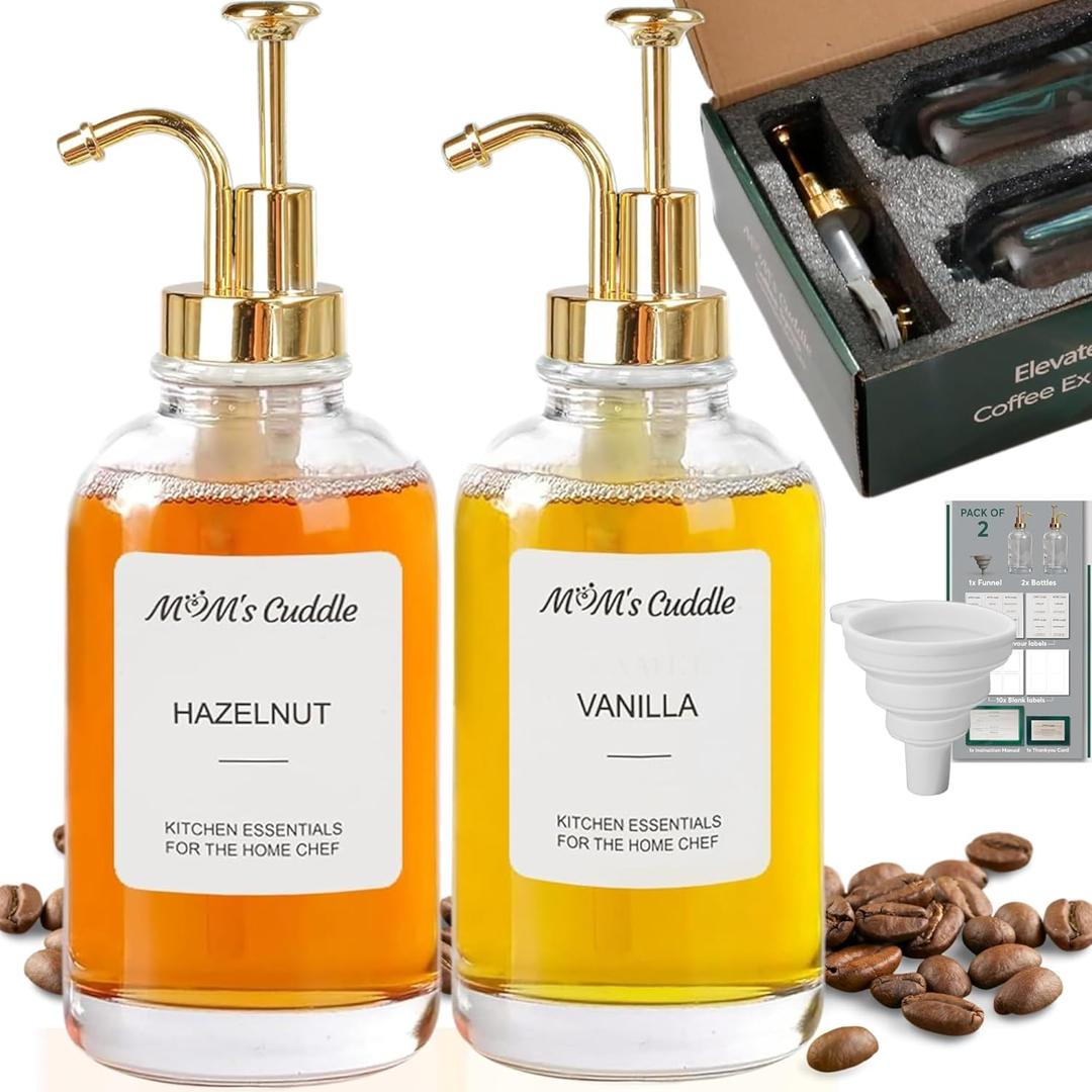 Coffee Syrup Dispenser 16.9 Oz (500ml) - Glass Syrup Dispenser for Coffee Bars with Golden Pump, 20 Labels & Silicone Funnel, Premium Quality Glass Bottles - Pack of 2