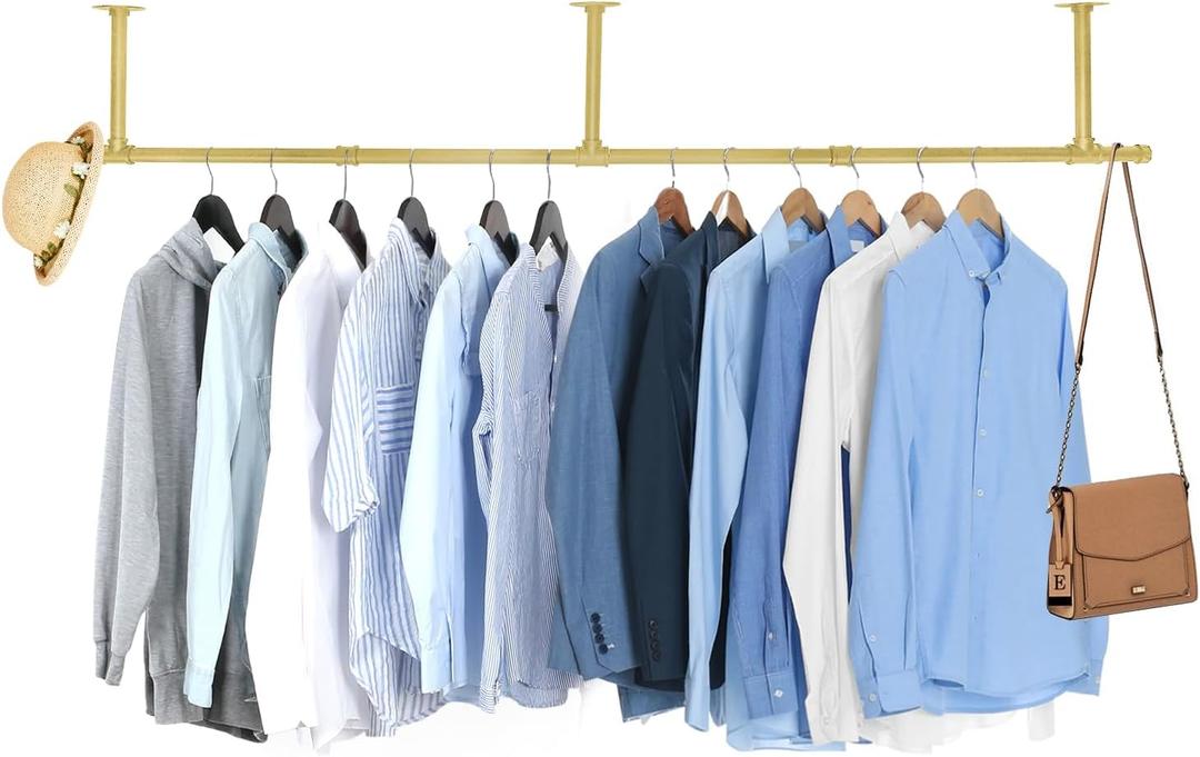 Oroonoko 72inch Industrial Pipe Clothes Garment Rack Ceiling Mount For Hanging Rod Bar for Laundry Room Up to Max Load 135Lb (Gold-HangStyle)