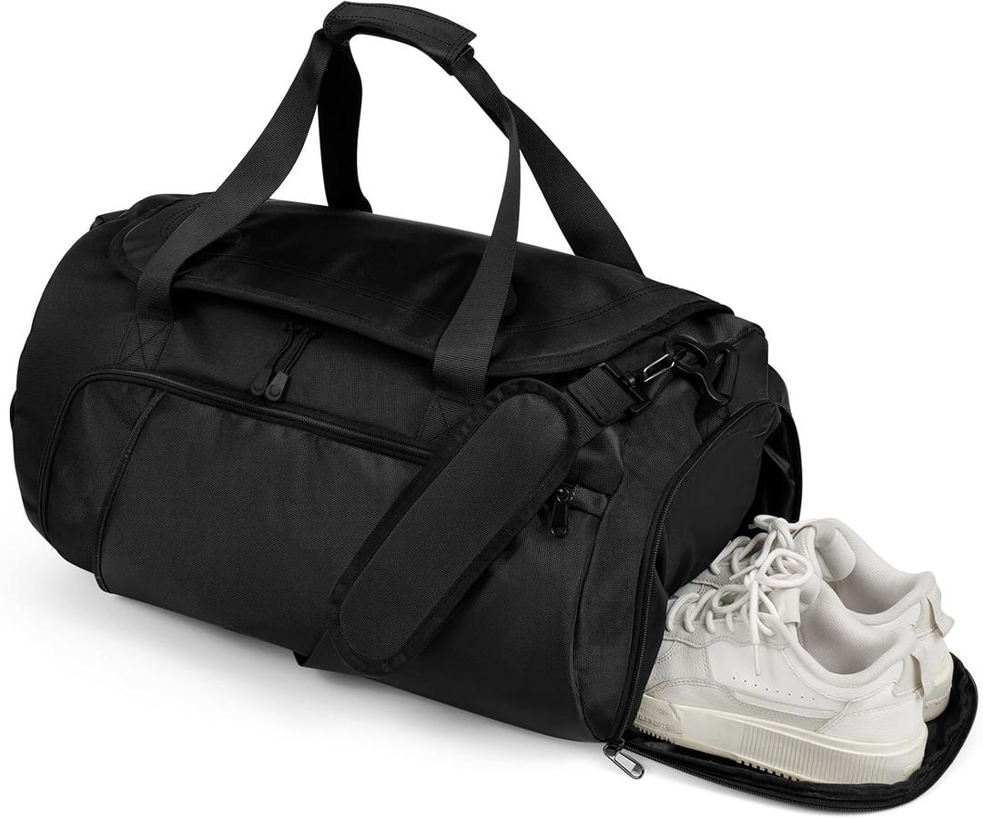 FINYIOE Gym Bag for Men Women With Shoe Compartment & Wet PocketWater Resistant Sports Gym Bag, Shoulder bag, messenger bag Carry On Duffel Bag for Weekend Overnight Traveling (Black)