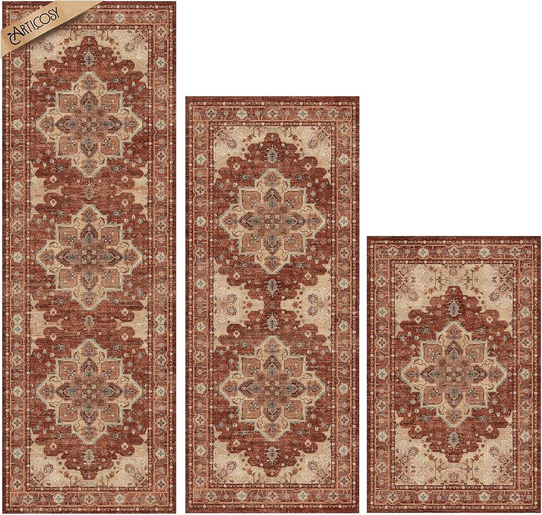 Kitchen Rugs Sets 3 Piece with Runner, Washable Non Slip Soft Boho Kitchen Mats, Low Pile Stain Resistant Carpet for Hallway, Laundry Room, Entryway (20"x32"+20"x48"+20"x59", Rust Red)