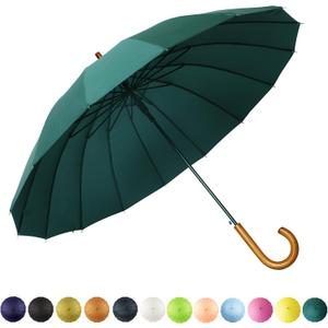 SoulRain 16 Ribs 48" Stick Umbrella Auto Open Solid Color Fashionable and SimpleArc Classic Wood HandleWindproof Unbreakable Stick Rain Umbrella