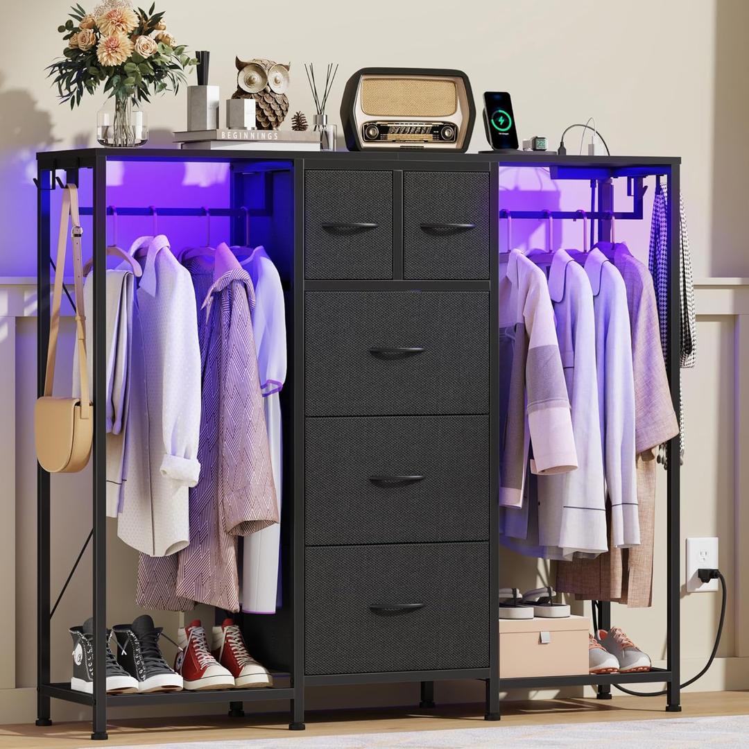 49.2W Dresser with 2 Hanging Racks, 5 Drawers Dresser with LED Lights & Charging Station, Dressers with Clothes Rack, Shoe Racks and Side Hooks, TV Stand Chest of Drawers for Bedroom, Black