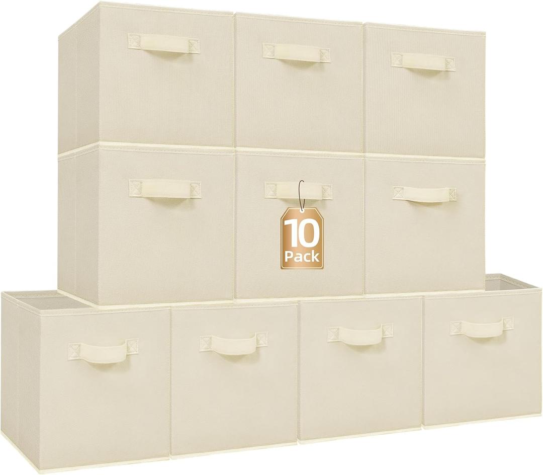 STORAGE MANIAC Storage Cubes, 11 Inch Collapsible Storage Bins with Handles, 10 Pack Fabric Foldable Bins for Organization, Durable Storage Bins for Closet, Shelves, Offices, Toys, 10-Pack Beige