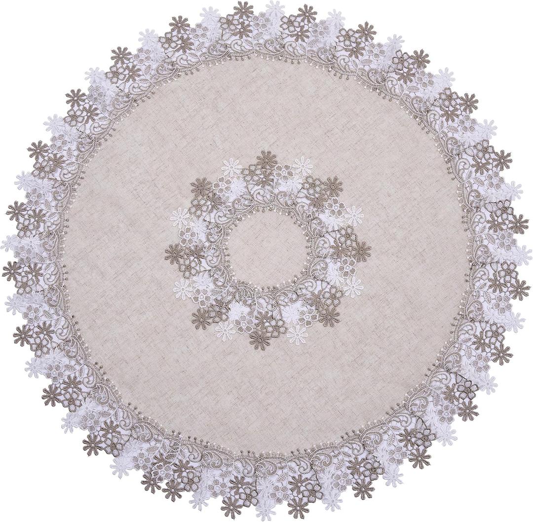 Natural Neutral Earth Tones Beige Floral Lace Round 15 placemats Set of 2 Doily Table Topper Dresser Scarf Place Mats (Set of 1, 33" Round)