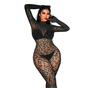 Sexy Lace Leopard Jumpsuit For Women, Fishnet Bodysuit Glow Party Club, Poster One Piece Mesh Full Body Rave Outfits