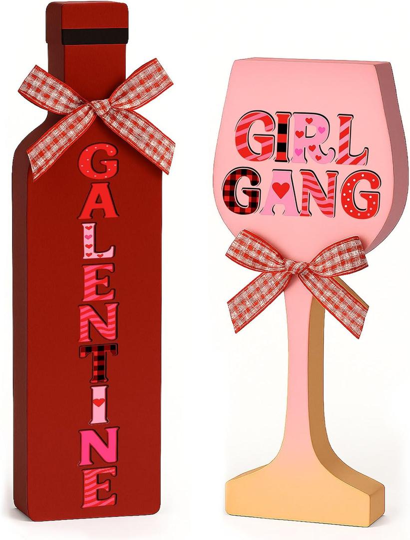 Thyle 2 Pcs Wood Galentines Day Table Decorations for Party 6 x 2 x 1.2 Inch Happy Galentines Centerpiece Bow Wine Glass Girl Gang Bottle Shaped Signs Tiered Tray Decor Photo Prop for Ladies Friends