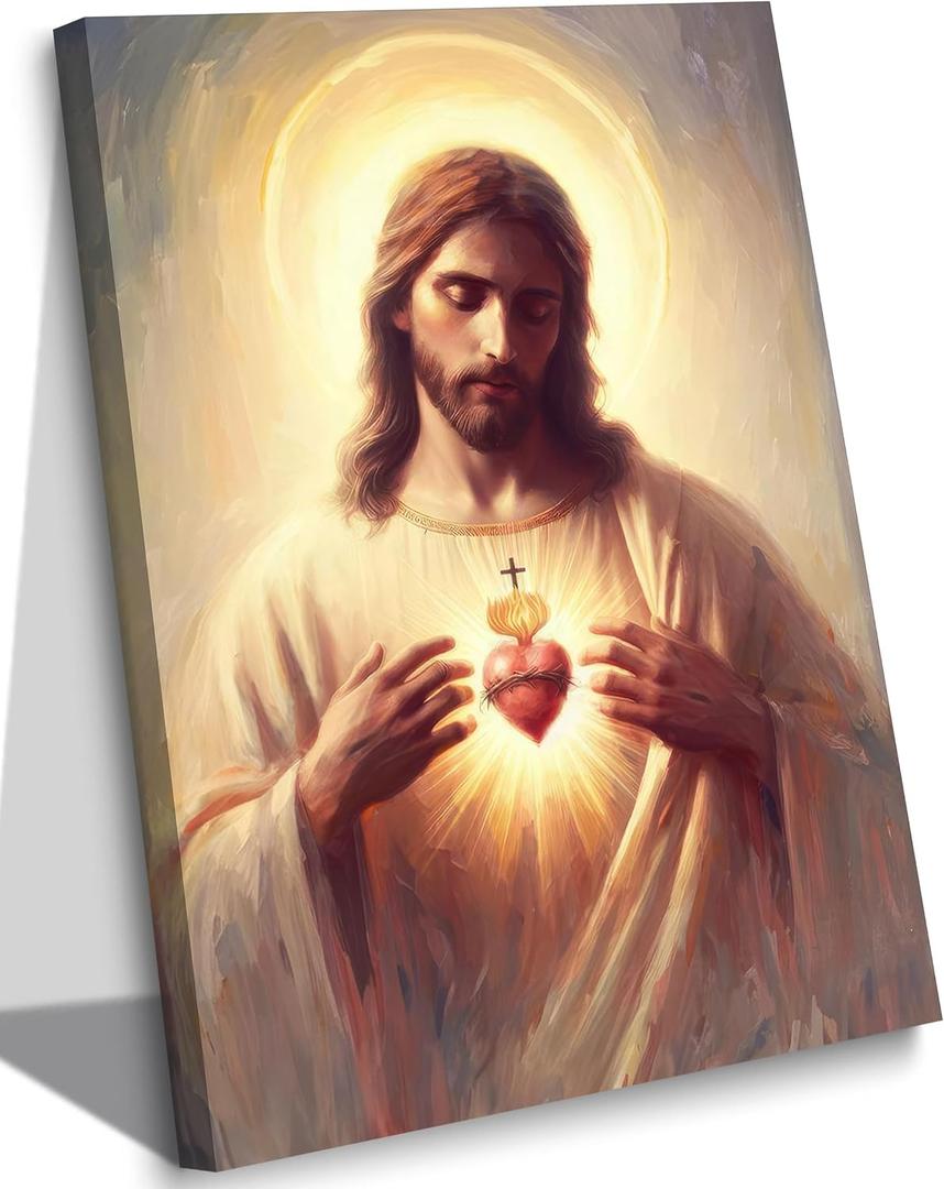 Jesus Sacred Heart Canvas Wall Art Painting Christian Poster Print Divine Mercy Picture Religious Spiritual Wall Decor for Bedroom Living Room 16x24in Framed
