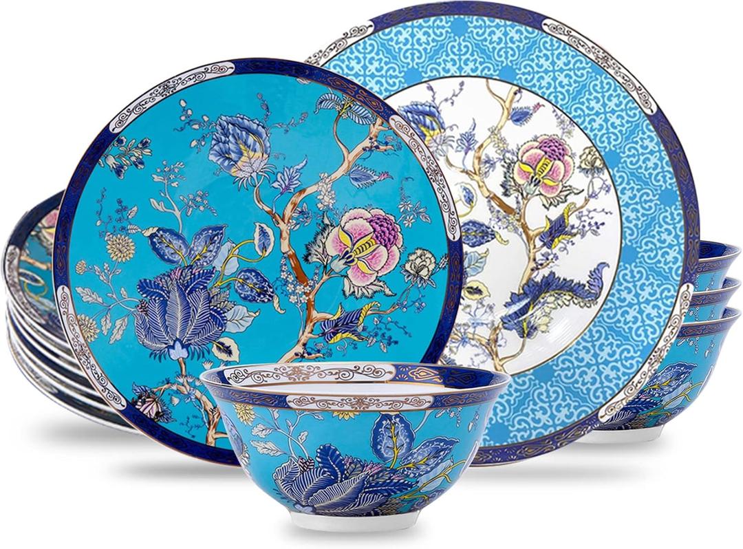 ACMLIFE Bone China Dinnerware Set for 4, 12-Piece Vintage Floral Dinnerware Set, Kitchen Plates and Bowls Set, Thanksgiving Christmas Gifts for Women (Blue)