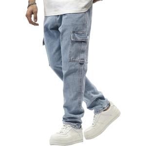 JMIERR Men's Elastic Waist Cargo Jeans Stretch Denim Pants with Drawstring Relaxed Fit for Casual Daily Wear (Blue) 40