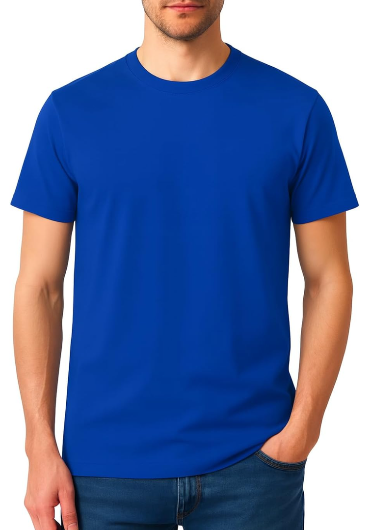 Men’s T-Shirt 100% Cotton Premium Crew Neck, Short Sleeve, Regular Fit, Solid Casual Tee Medium, Blue 