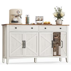 VASAGLE LIRY Collection - Buffet Cabinet, Coffee Bar Cabinet with 2 Drawers, Adjustable Shelves, Sideboard Storage with Cable Holes, Drawer Dividers, Rustic White and Honey Brown UBBK381W01