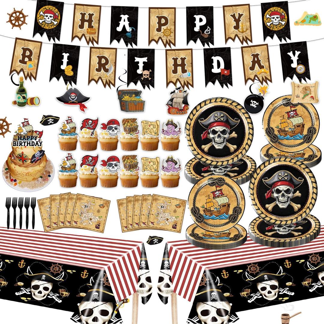 Pirate Birthday Party Decorations, Pirate Party Supplies for 20 Guests with Banner, Hanging Swirls, Tablecloths, Plates, Napkins, Forks, Cake Topper, Cupcake Toppers