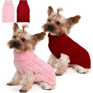 2 Pack Dog Sweaters for Small Dogs Winter Turtleneck Pullover Cable Knit Fleece Stretch Puppy Doggie Chihuahua Toy Poodle Yorkie Pomeranian Boy Girl Pet Clothes (S, Pink & Red)