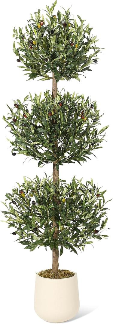5 ft Artificial Olive Tree, Triple Ball Topiary Faux Plant with Moss & Pot, Outdoor Indoor Realistic Fake Shrubs Trees, Round Bushes Fake Shrubs Potted for Home Offices Porch Decor, Set of 1