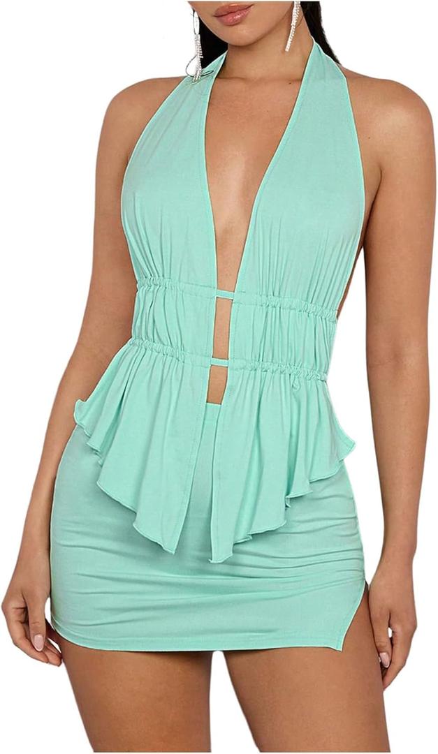 SHENHE Women's Sexy Outfits 2 Piece Y2k Backless Deep V Ruffle Halter Top Bodycon Slit Mini Skirt Set (Large, Mint Green)