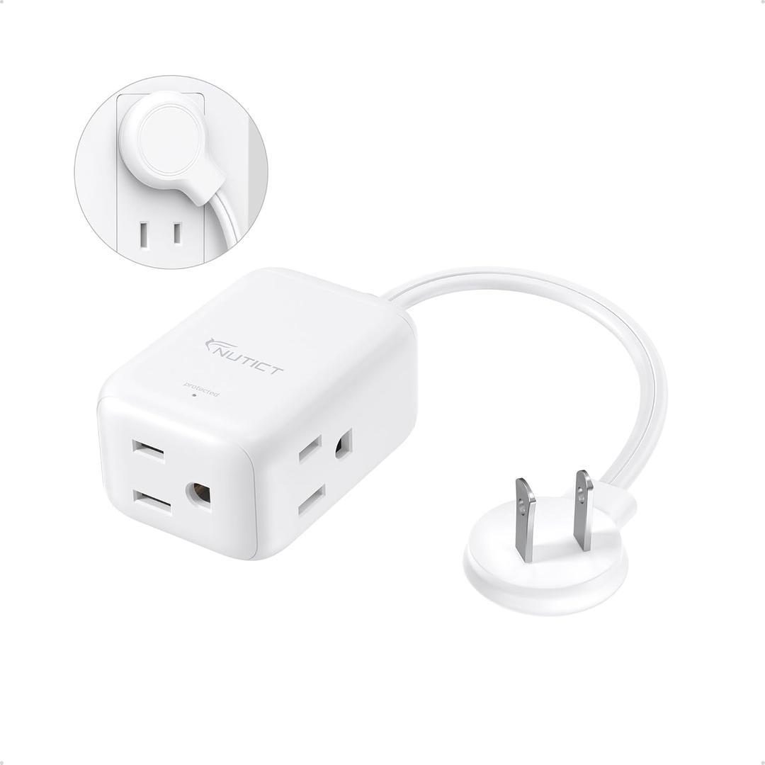 NUTICT 2 Prong to 3 Prong Extension Cord with 3 Outlets, 1.5ft Short Polarized Flat Wall Plug 2 Prong, 13A/1625W, Ideal for Non-Grounded Outlets in Old House Kitchen Bathroom Tight Spaces, White