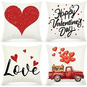 MOMOHOO Valentines Day Pillow Covers Throw Pillows Cover 18 x 18 Set of 4 Valentines Decor Sweet Heart Love Holiday Anniversary Wedding Cushion Case Decoration for Sofa Couch