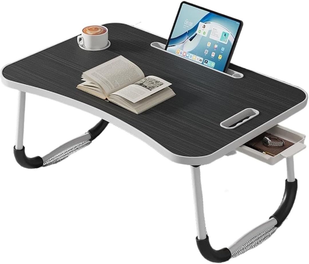 Lap Desk, Folding Laptop Desk with Cup Holder, Adjustable Bed Table for Couch, Portable Lap Table for Working, Reading, Kids, Adults (60x40x27cm, Black Brushed Color, Drawer, Black Anti-slip)