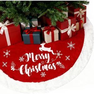 36 Inch Christmas Tree Plush Skirt,Red Faux Fur Christmas Tree Skirt with Snowflakes,Christmas Decorations Tree Base Skirt for Xmas Tree Decoration,Holiday Home Party Decor
