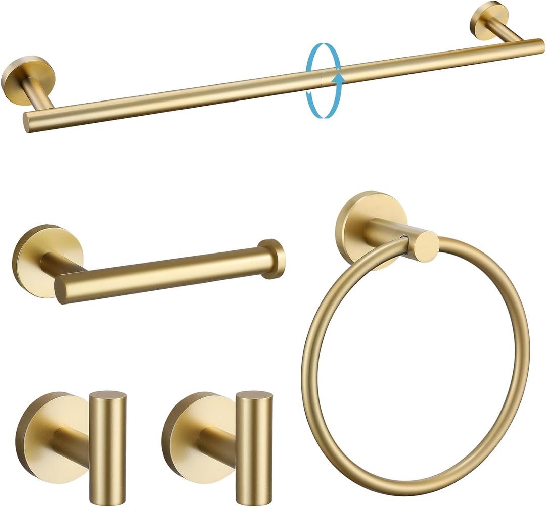 TURS Brushed Gold 5 Piece Bathroom Hardware Set, SUS304 Stainless Steel 24 Inch Bath Towel Bar Set, Round Bathroom Accessories Kit Wall Mounted (Brusehd Dark Gold)