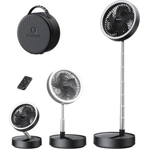 Gaiatop Portable Pedestal Fan 16000mAh Battery [Max 74h Runtime], Foldable Oscillating Standing Fan, Collapsible Desk Fans, LED Light, Case & Remote Control 4 Speeds for Outdoor Travel Camping (Black), 3.6 " to 36.4" Stretching