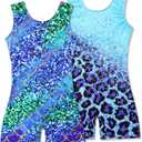 2 Packs Gymnastics Leotards for Girls Mermaid Leopard Dance Leotard Kids Biketard with Shorts (6-7 Years, 10 Blue Leopard&fish Scale)