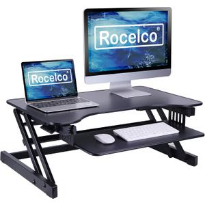 Rocelco 32" Height Adjustable Standing Desk Converter - Slide Out Retractable Keyboard Tray - Sit Stand Up Double Monitor Riser - Dual Piston Lift Assist Tabletop Computer Workstation - Black (R ADRB)