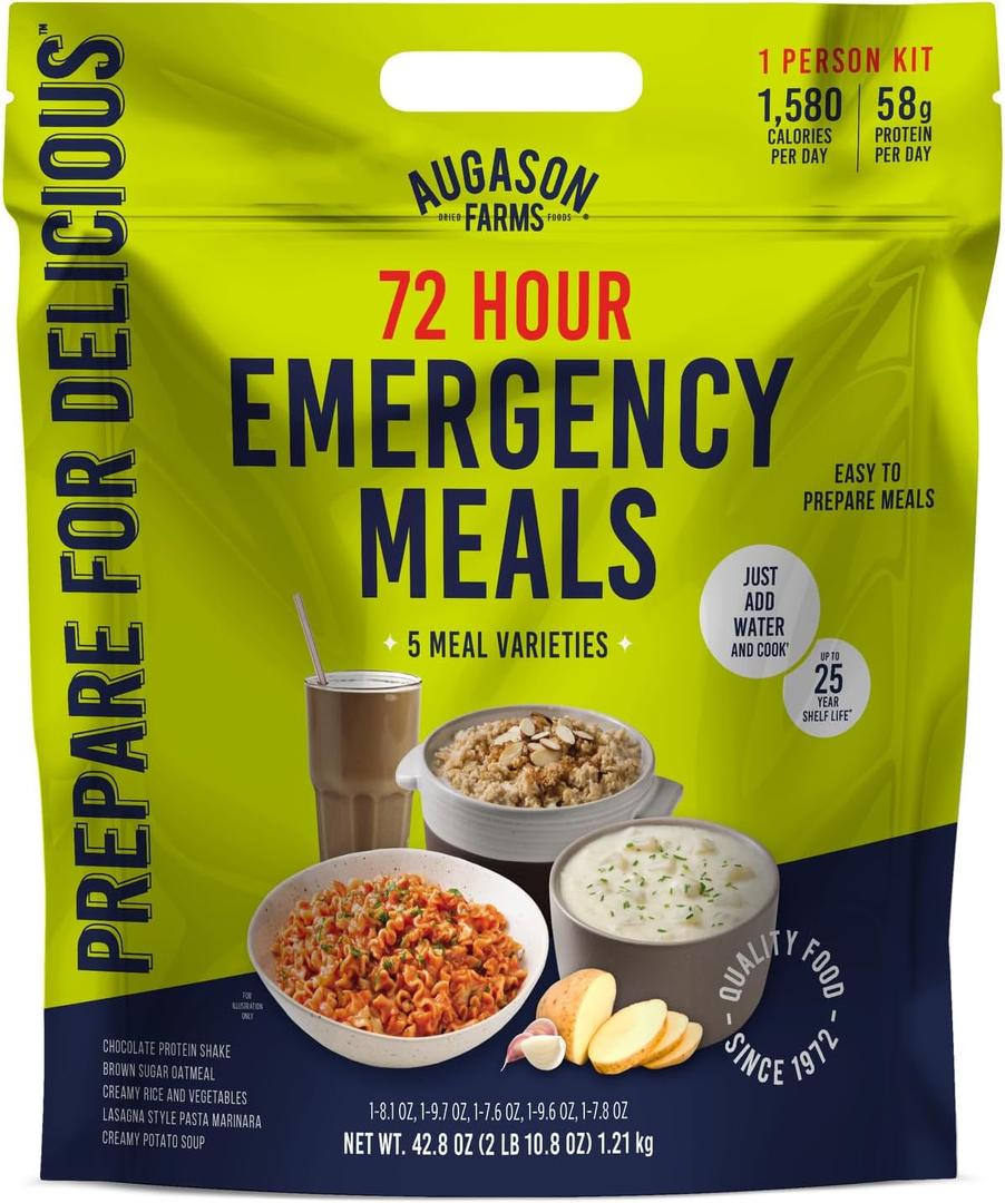 Augason Farms 72 Hour Emergency Food Supply Kit, Dehydrated Meal Survival Food Pouches for 1 Person - 26 Servings