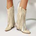 Embroidered Fringe Cowboy Boots for Women, Pull On Mid Calf Chunky Block Heel Pointed Toe Western Cowgirl Boots Riding Country Boot Retro Boots