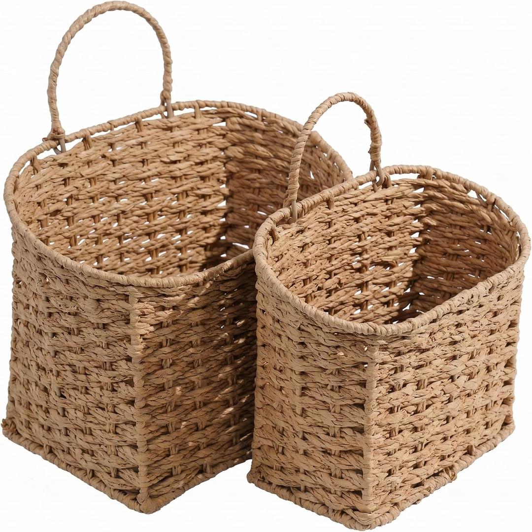 Coeusy Set of 2 Wicker Wall Basket, Paper Roper Hanging Basket Natural