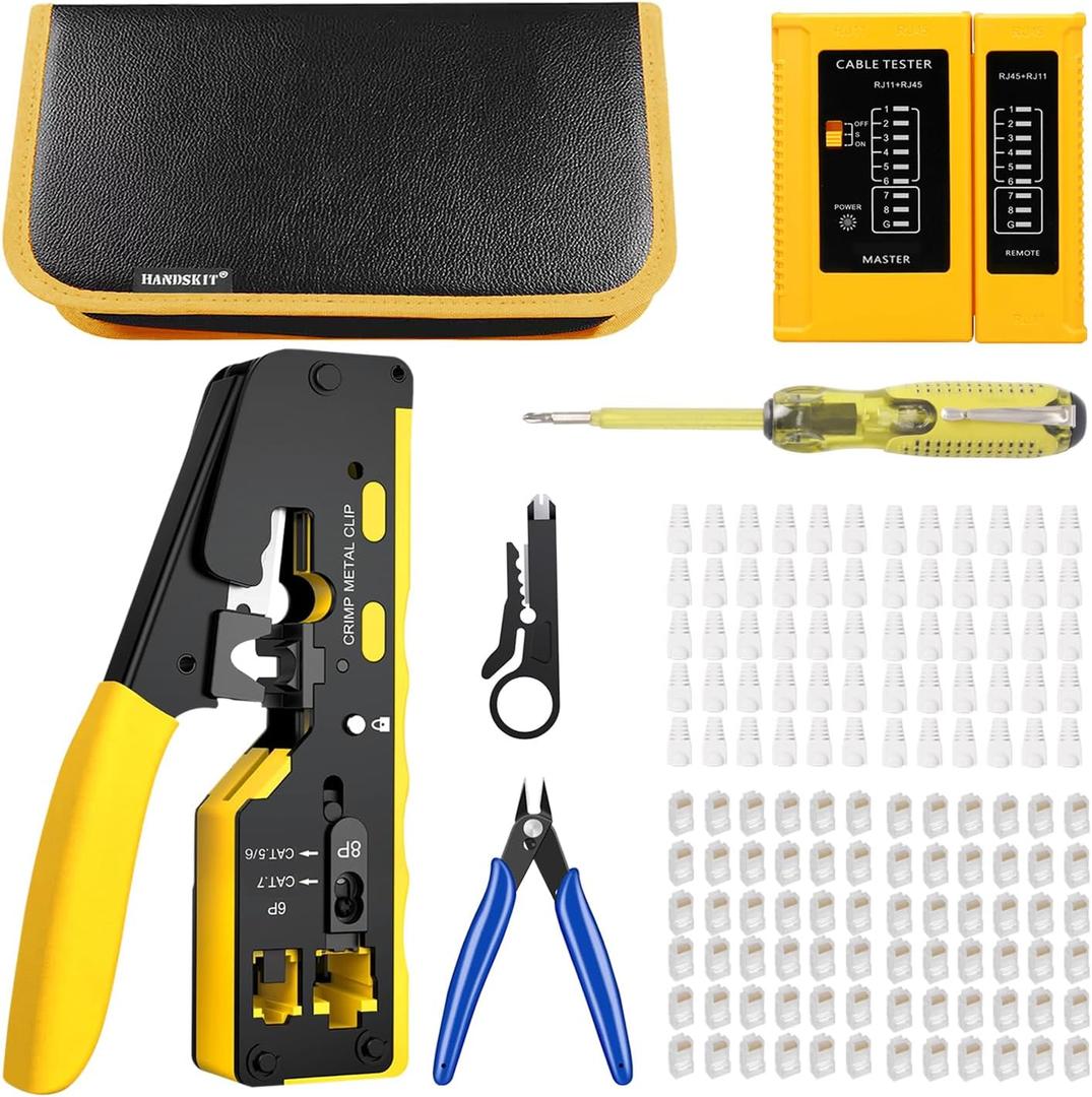 Pass Through RJ45 Crimp Tool Ethernet Crimping Tools Kit Punchdown Tool Wire Stripper Cutter Crimper Tool for CAT5/CAT6/CAT7 rj45 Connectors with Tester Crystal Heads