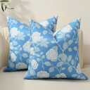 Floral Throw Pillow Covers 18x18 Inch, Set of 2 Neutral Block Print Decorative Accent Cushion Covers, Farmhouse Home Decor Vintage Pillow Covers for Sofa Bed Living Room, Sky Blue