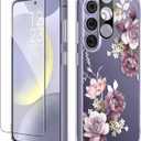 GVIEWIN for Samsung Galaxy S24 Plus Case, Clear Floral Slim Shockproof Protective Women Phone Case, Non-Yellowing,with Screen Protector & Camera Lens Protector for S24 Plus 6.7",Cherry Blossoms/Purple