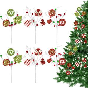 Christmas Tree Picks Candy and Lollipop Pick for Christmas Tree Filler Decoration,Red Green and White Glitter Christmas Pick for Tree Topper Wreath Vase Home Holiday Decorations(6 Pieces,14 inches) (Large)