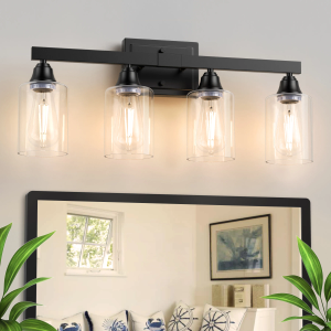 4-Light Bathroom Light Fixtures, Matte Black Modern Vanity Lights with Clear Glass Shades, Bathroom Wall Lamp for Mirror Living Room Cabinet Bedroom Porch (Bulbs Not Included)