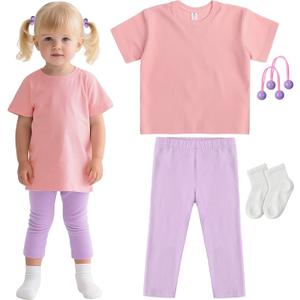 JenPen 4 Pcs Halloween Cartoon Costume Pink T-Shirt and Purple Leggings White Socks Purple Hair Ties Set for Girls Costume L