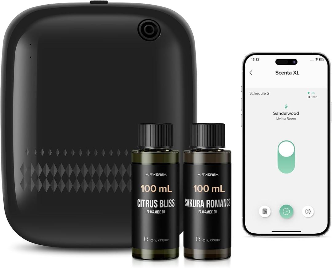 Airversa Smart Waterless Essential Oil Diffuser (400 mL Capacity) Starter Kit with 200mL Fragrance Scent Oils, Up to 2000 sq ft App Control Scent Air Machine with 12V1A Power Adapter, ANW Kit Black