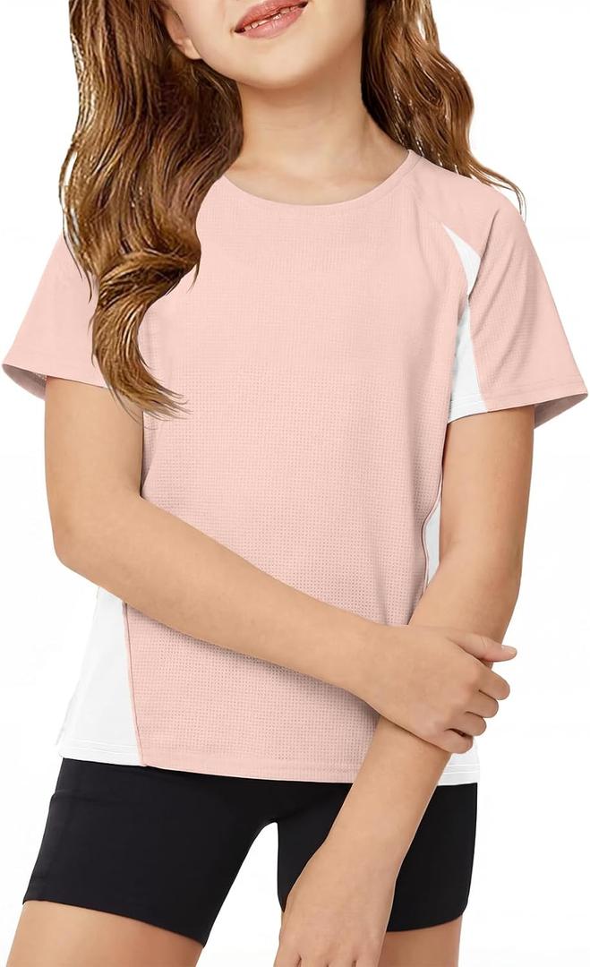 ZDC Kids Girls Athletic T Shirts Color Block Crewneck Gym Yoga Tees Casual Cute Basic Tees 5-14 Years (Pink)