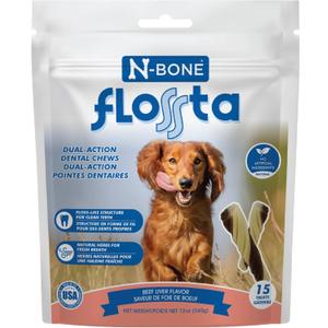 N-Bone FLOSSta Dental Chews for Dogs  Natural Beef Liver Flavor, No Dyes, Grain-Free, Breath Freshening, Plaque & Tartar Control, Digestible Teething Aid  12 oz Bag