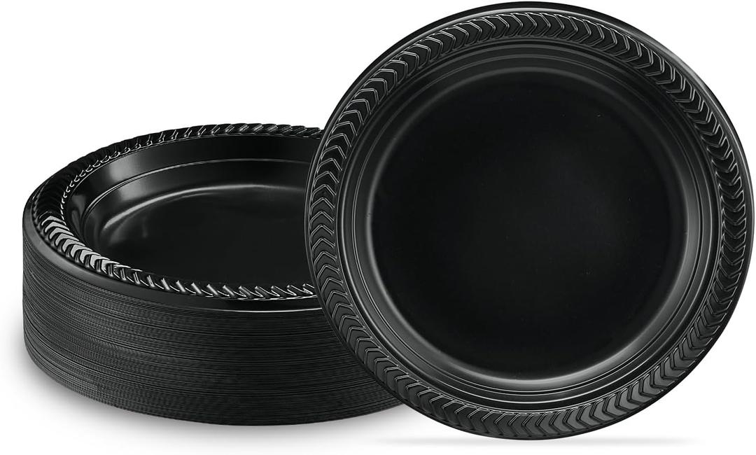 PLASTICPRO 100 PCS Small Black Plastic Plates, Light Weight 6 Inch Plastic Dessert Plates, Disposable for Party and Wedding