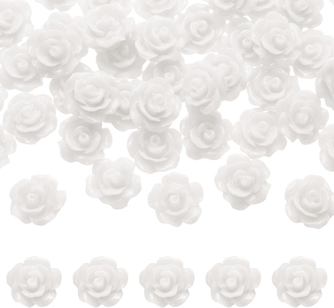 uxcell 50 Pcs White Resin Rose Flower Beads, 10mm Flatback Flower Charm Opaque Carve Rose Beads No Hole for DIY Jewelry Making Nails Sunglasses Hair Clip (Small Size)