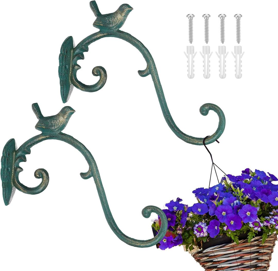 Moxweyeni 2 Pcs Cast Iron Plant Hangers Outdoor 10" Heavy Duty Hanging Basket Brackets Lovely Bird Shape Decorative Wall Hangers for Flower Pots Bird Feeder Wind Chime Lantern(Golden Green)