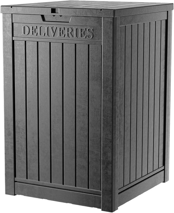 Outdoor Package Delivery Box, 48-Gallon Lockable Storage Box, Large Double-Walled Resin Weatherproof Deck Box for Porch and Patio (Black)