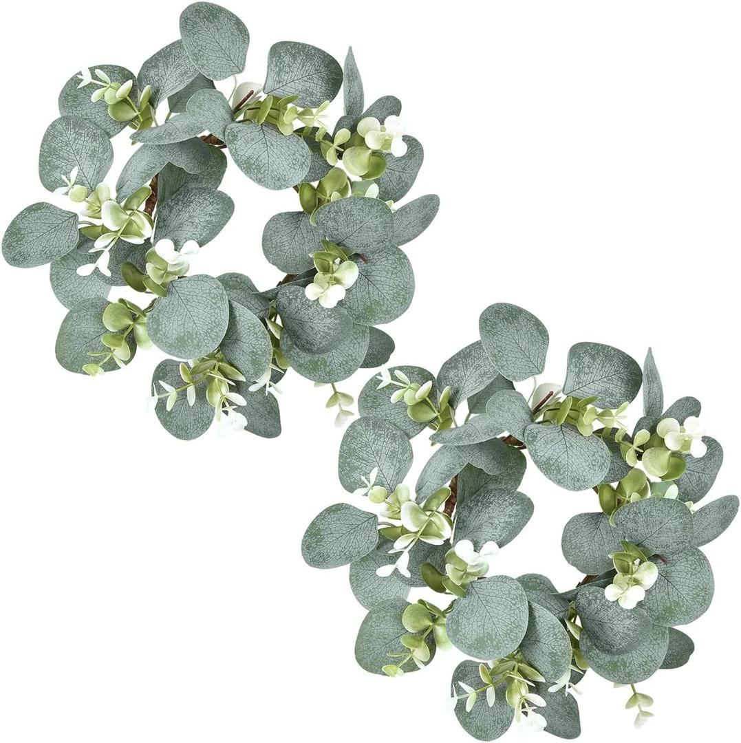 LSKYTOP 2 Pcs Eucalyptus Faux Kitchen Cabinet Artificial Greenery Farmhouse Wreath for Door Wall Window Decor, 9Inch/PC