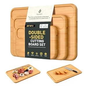 3 Packs Bamboo Cutting Board Set Non Toxic Wood Cutting Boards for Kitchen with Juice Grooves Built-in Handles, Ideal Charcuterie & Chopping for Meat Vegetables Fruits Kitchen Gift for Home Cooks