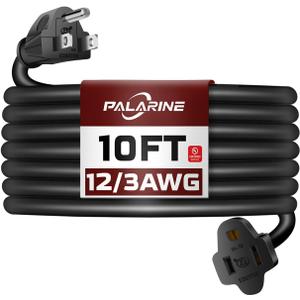 10ft Black Outdoor Extension Cord Waterproof, UL Listed, 12/3 SJTW Heavy Duty 3 Prong, 12 Gauge 15A Power Cord Ideal for Indoor Outdoor Lights, Appliances, and Lawn