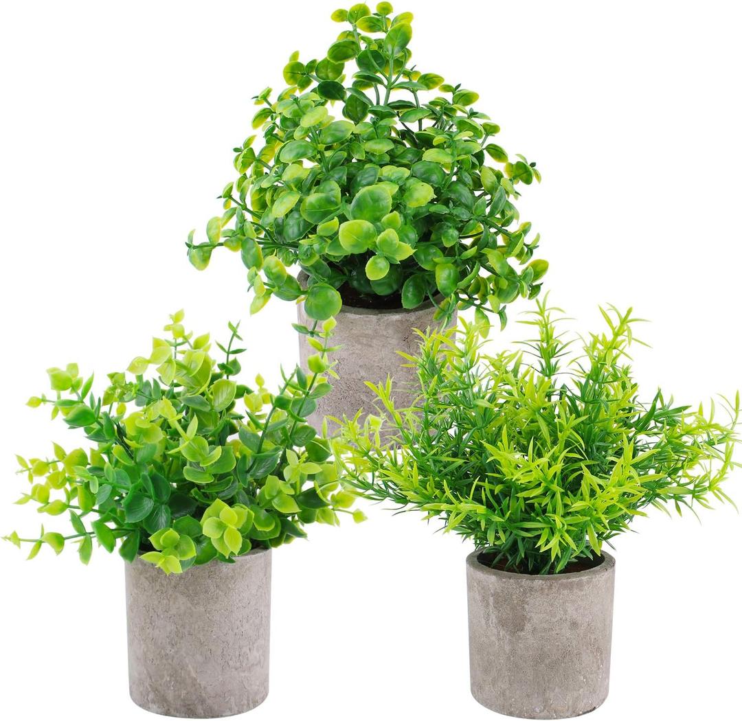 3 Pack Artificial Potted Plants Eucalyptus, Boxwood and Rosemary Plants, Mini Fake Greenery for Office Wedding Tabletop Farmhouse Home Decor