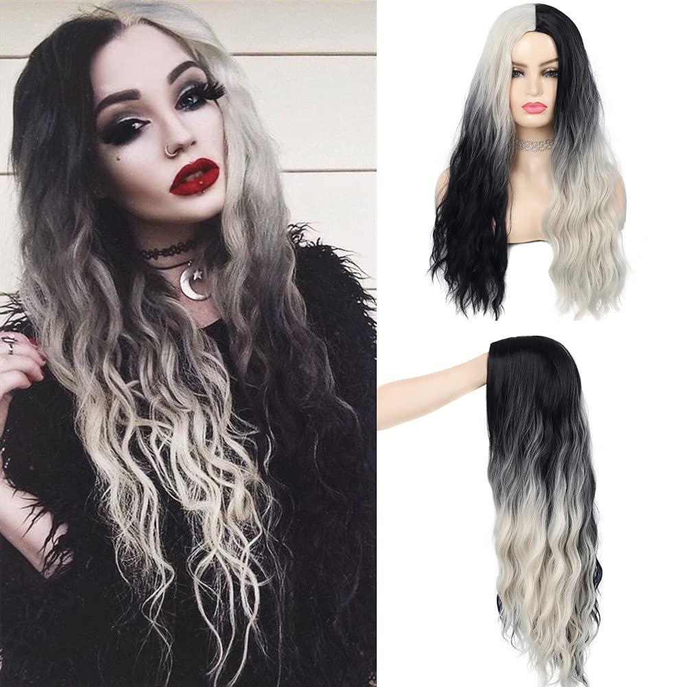 Swiking Black and White Curly Wigs for Women Long Wave Ombre Synthetic Hair Natural Soft Wigs for Party Cosplay Halloween (Half White Half Black)